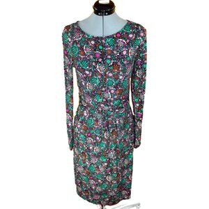 Long Sleeve Floral Sheath Dress in Green and Pink